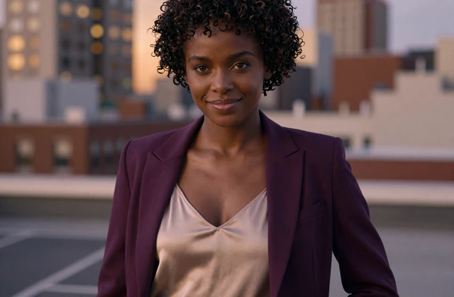Confident woman in champagne silk and plum blazer representing BBC and BDE singles category