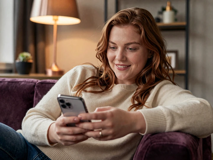Woman browsing endowed dating profile features on her phone in a warm boutique apartment