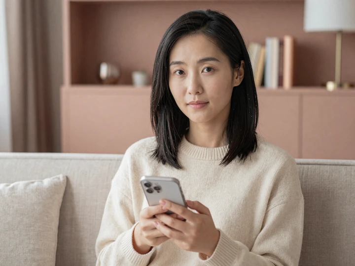 Confident woman using smartphone in cozy room, illustrating female-friendly dating safety features