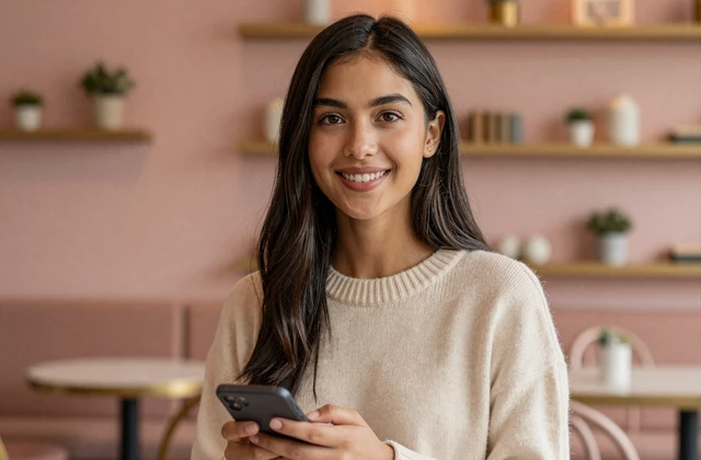 Smiling woman browsing dating platform on phone, illustrating big penis dating homepage