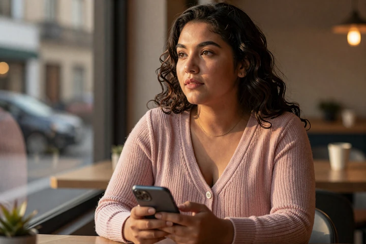 Woman at cafe window with phone, representing online dating safety tips