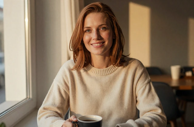 Confident woman in cream cashmere representing mainstream-app refugees on the BBC and BDE singles community