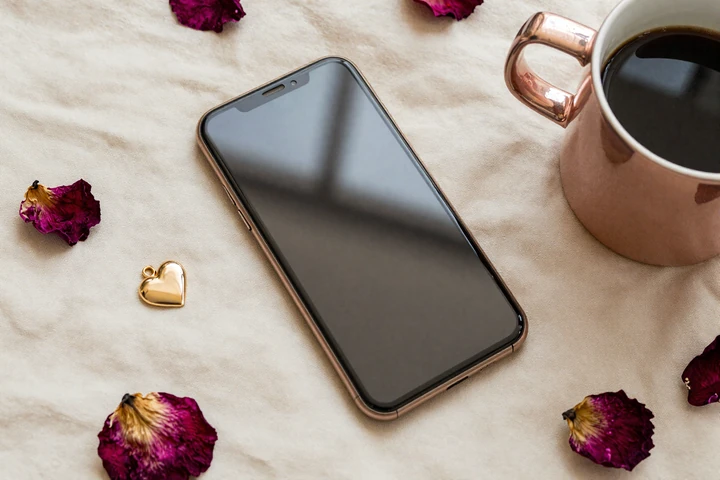 Smartphone flat lay with rose-gold accessories representing dating app comparison