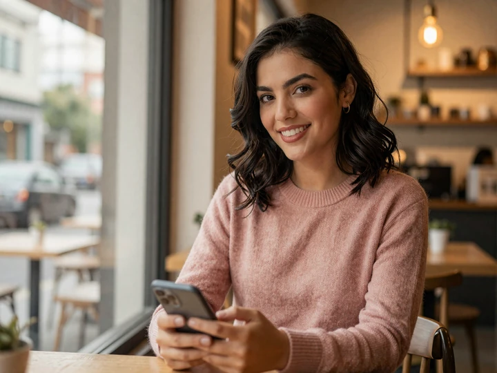 Confident woman in dusty rose sweater browsing a size queen dating site on her phone